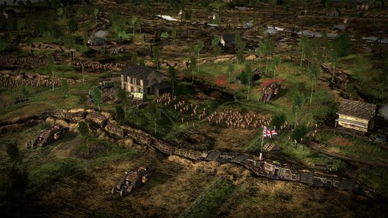 The Great War: Western Front preview: British trenchworks, complete with national flag, surround a farmhouse dotted with red poppies and early tanks.