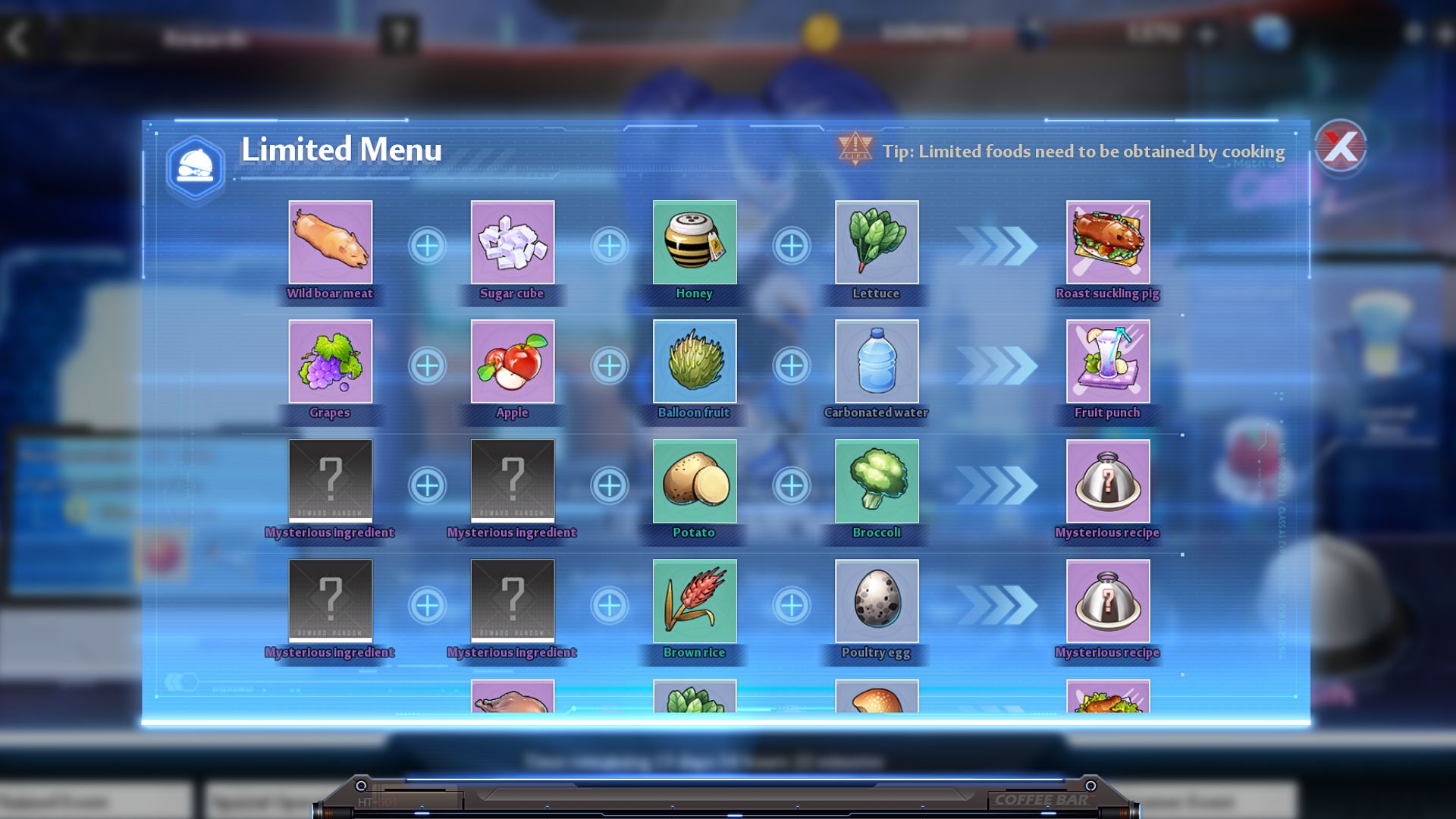Tower of Fantasy Aida Cafe event food preferences and limited recipes