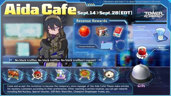 Tower of Fantasy 1.5 Artificial Island update: The Tower of Fantasy Aida Cafe limited time event promotional banner, featuring Zero, an SSR simulacra, considering what to serve the mystery customers.