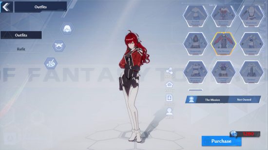 Tower of Fantasy Custom Character: Red-haired player avatar wearing The Mission premium costume.