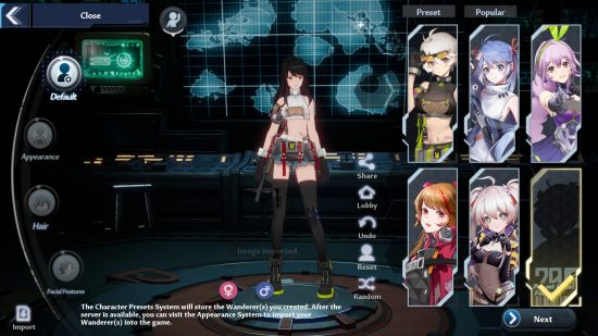 Tower of Fantasy customise character: Tifa Lockhart as shown in the Tower of Fantasy character creation screen.
