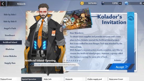 Tower of Fantasy how to get to Artificial Island guide: A screenshot of Kolador's invitation as shown in the Special Operation menu under the Artificial Island tab