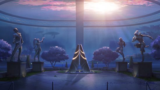 Valorant patch 5.05 notes mean you can't report yourself: Valorant Pearl map shows underwater setting with trees, statues, and a triangular statue in the center