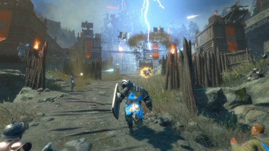Warlander microtransactions aren't pay to win: Knight in shining armor with blue tabard and shield runs at a castle being struck by lightning
