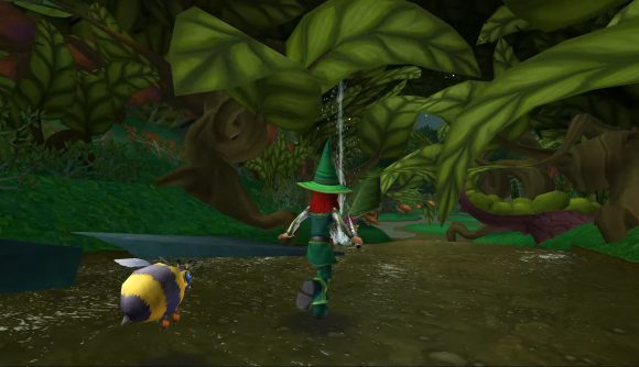 A screenshot of a young wizard running through  the forest with a bee behind her.