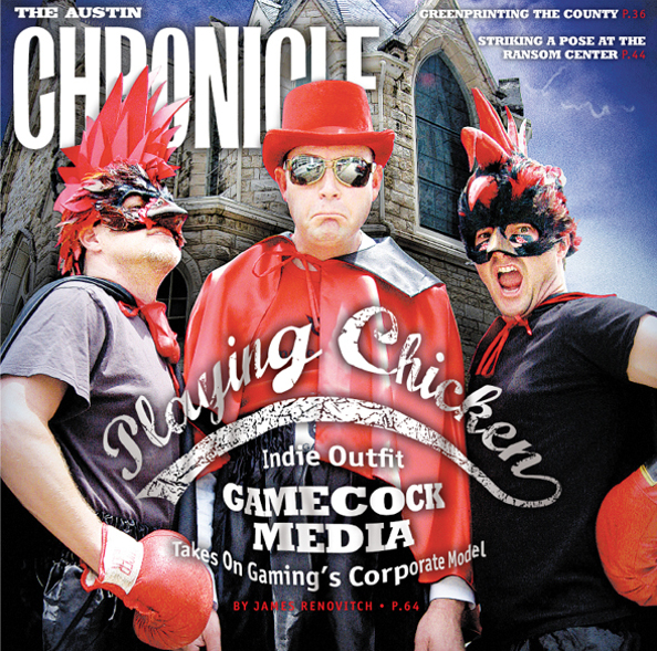 The Austin Chronicle cover showing Wilson, Stults, and Miller together wearing outlandish red and black Gamecock outfits.