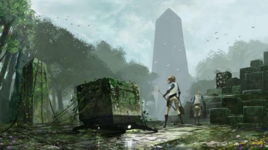 A woman in explorer's clothes stands beneath a menacing obelisk in the distance, surrounded by primitive stone cult structures.