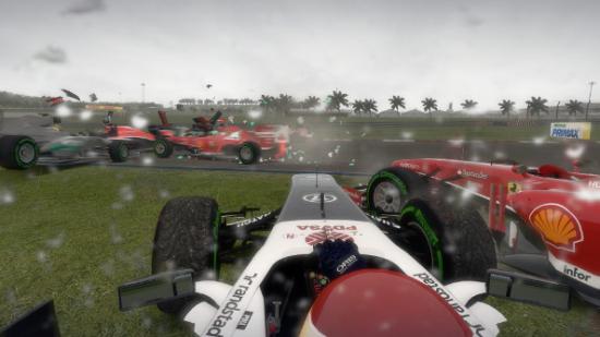 A spun-out F1 car gets banged around in traffic in Malaysia.