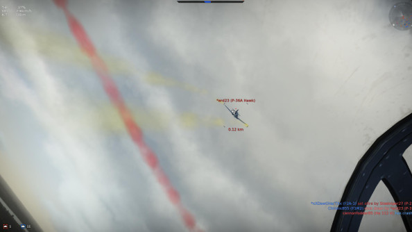 Trailing colored smoke, fighters twist and weave in a dogfight.
