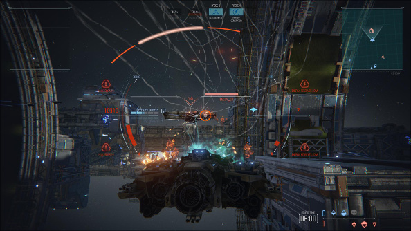 A chaotic screenshot from Dreadnought, as a spaceship is surrounded my warning symbols and incoming missiles.