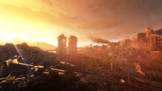 A sunset over a gold-white city viewed from a distant rooftop.