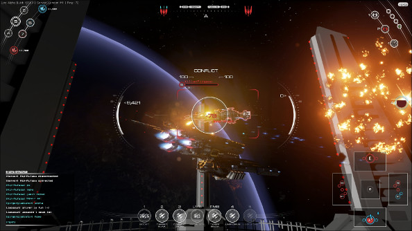 Gunsight view of a massive starship in the midst of battle.