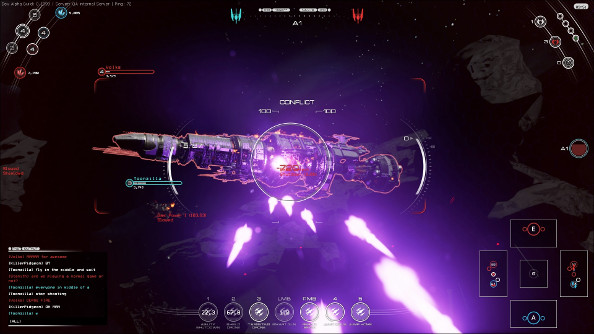 Another gunsight view of a hostile cruiser as purple laser blasts criss-cross in space.