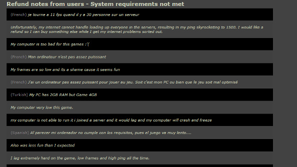 A screenshot of the user feedback that comes with Steam refunds