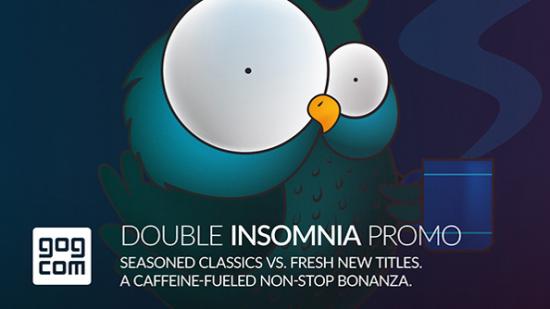 The GOG Insomnia sale logo, which features two cartoony birds with a cup of coffee at night.