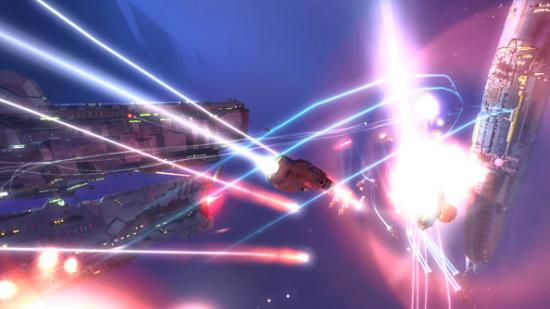 Spaceships doing battle in Homeworld 2 Remastered.