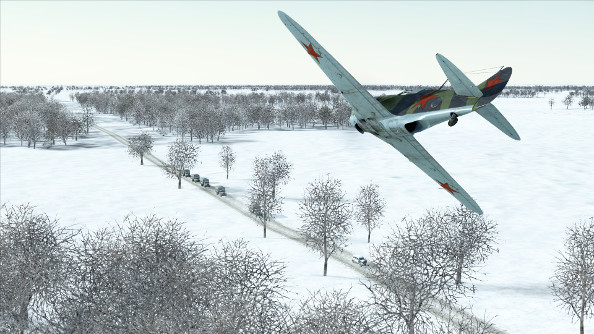 A Soviet fighter dives on a motorized column on a Russian road in the winter.
