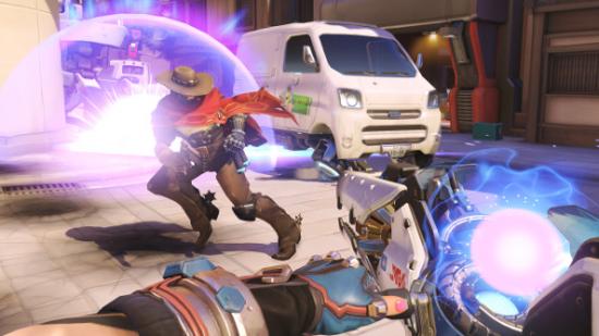 Zarya attempts to get a bead on gunslinger McCree in Blizzard's Overwatch.