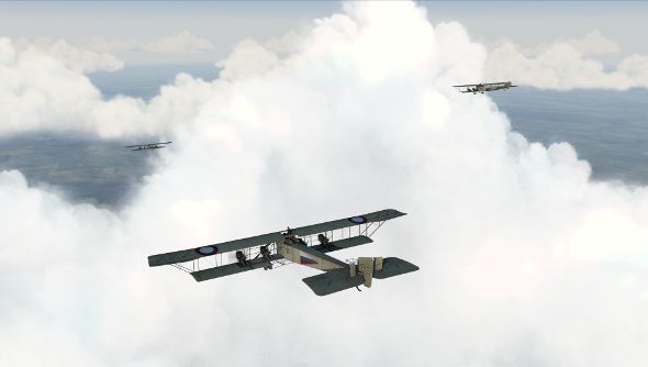 A trio of ungainly four-engine World War 1 bombers fly through the clouds.