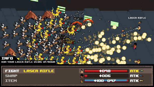 A screenshot of Serious Sam: The Random Encounter, which looks like a JRPG but with a lot more explosions and pixelated monsters.