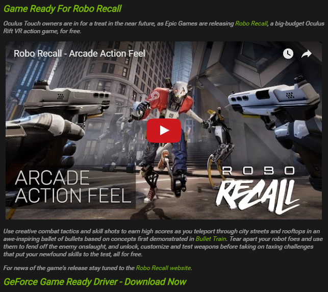 The screenshot showing support for Robo Recall in the NVIDIA 378.66 drivers