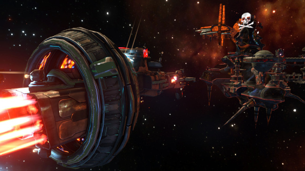 A screenshot of spaceships and a pirate base in Sword of the Stars 2, which Paradox had to offer refunds on.
