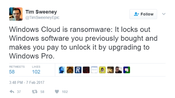Tim Sweeney - Windows Cloud is ransomware