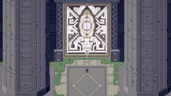 A top-down view of a character in Titan Souls entering a scary chamber through massive doors.