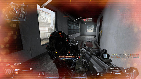 A stealth soldier in a metallic bodysuit is hit at point blank with a shotgun blast, in a narrow dusty corridor.