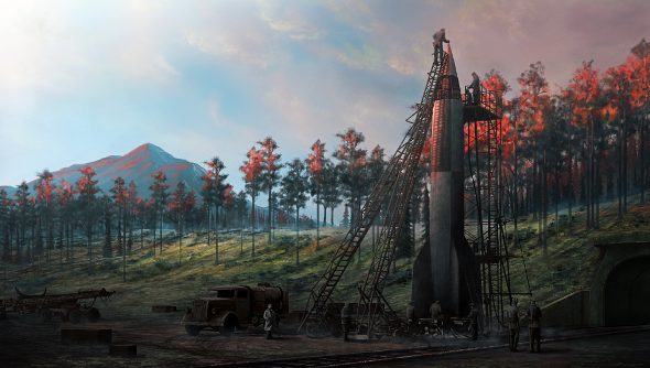 A V2 rocket stands on a gantry in a forest tinted red by a setting sun while technicians service it.