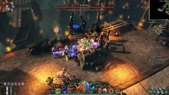 A melee with monsters trying to overrun the player character at the center of the mob.
