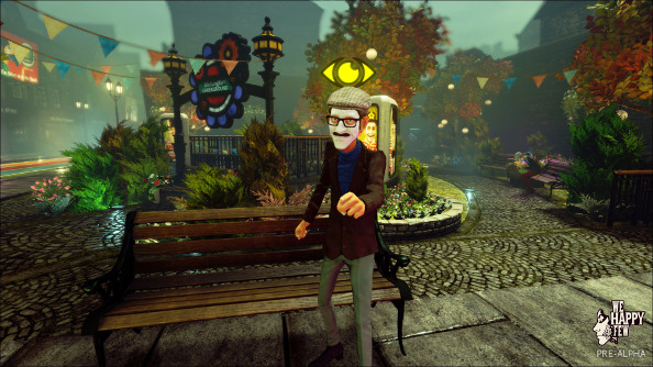 A suspicious, white-faced hipster in We Happy Few