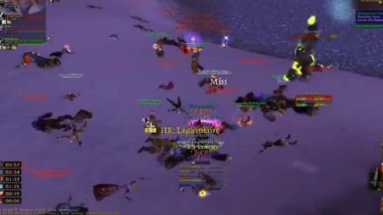 A screenshot of a pile of dead World of Warcraft characters in the snow.