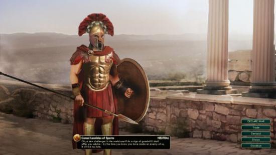 The Sparta leader screen, from JFD's Greek States mod for Civ 5