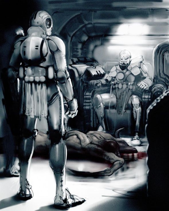 Concept art, with troopers and a dead alien